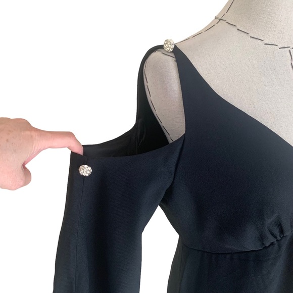 Vintage 60s Black Crepe Dress Cold Shoulder Bishop Sleeve Rhinestone Buttons - Picture 4 of 16